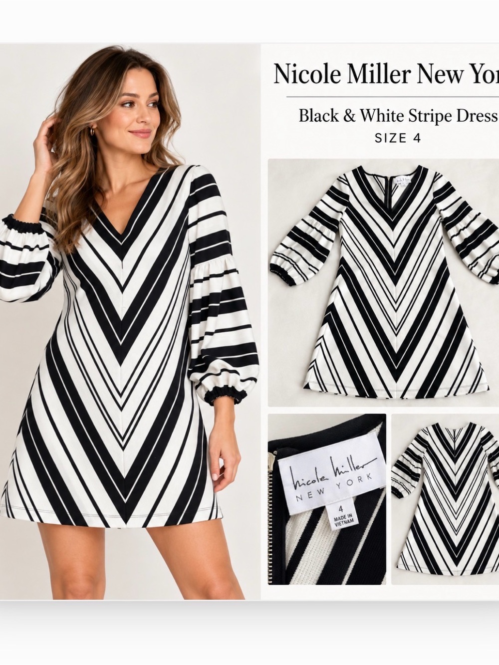 Nicole Miller Black and White Chevron Stripe V-Neck Dress
